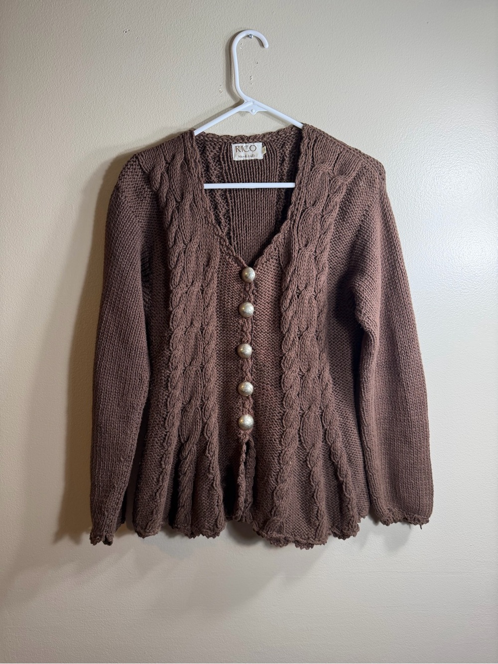 Vintage 80s RICO Hand Knits Cable Knit Cardigan S